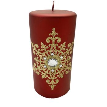 Vela Decorativa Natal com Floco de Neve com Brilho em Parafina Vermelha e Dourada